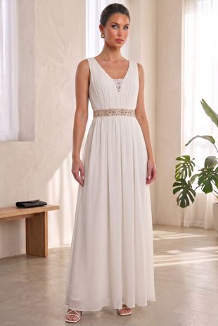 White Front Lace Pleated Trimming Back Zip Up Maxi Dress 