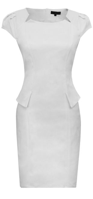 White Cotton Satin Puffed Sleeves Peplum Dress