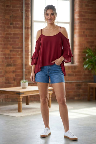 Wine Off The Shoulder Chiffon Tops