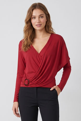 Wine Ribbed O Ring Shawl Overlap Blouse