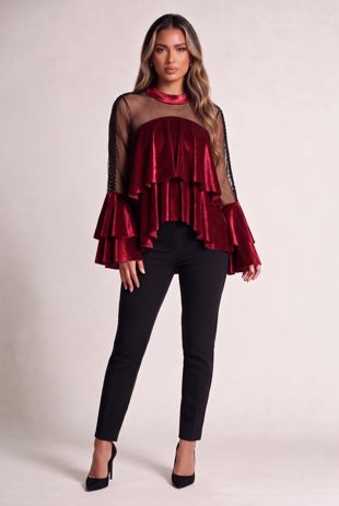Wine Double Frill Velvet Top