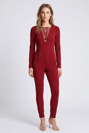 Wine Front Lace Tie Up Jumpsuit
