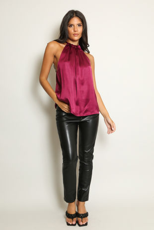 Satin Tie Neck Sleeveless Blouse In Burgundy