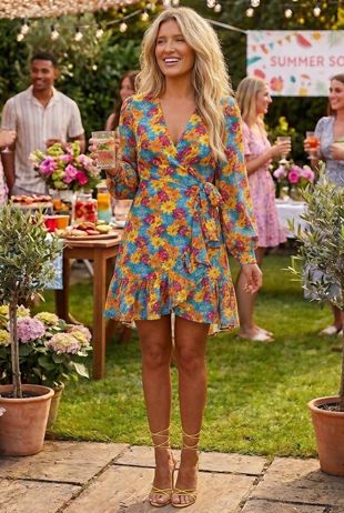 Multi Coloured Long Sleeve Floral Wrap Dress