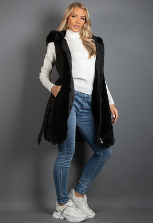 Belted Hooded Gilet With Faux Fur