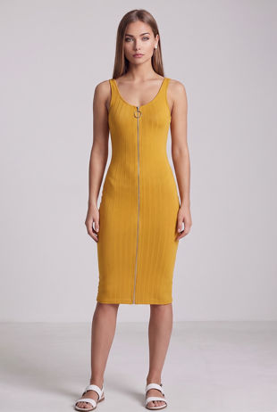 Yellow Ribbed Zipper Midi Dress 