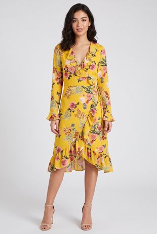 Yellow Floral Print Wrap Dress