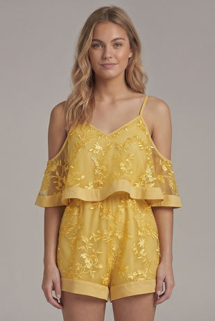 Applique Motif Overlay Playsuit In Yellow