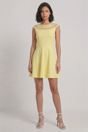 Yellow Block Colour Netted Side Zip Up Flared Dress