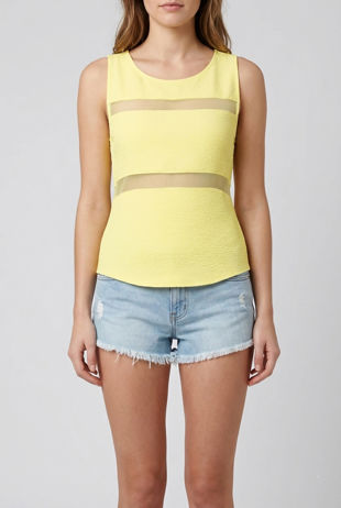 Yellow Textured Mesh Insert Sleeveless Shell Top