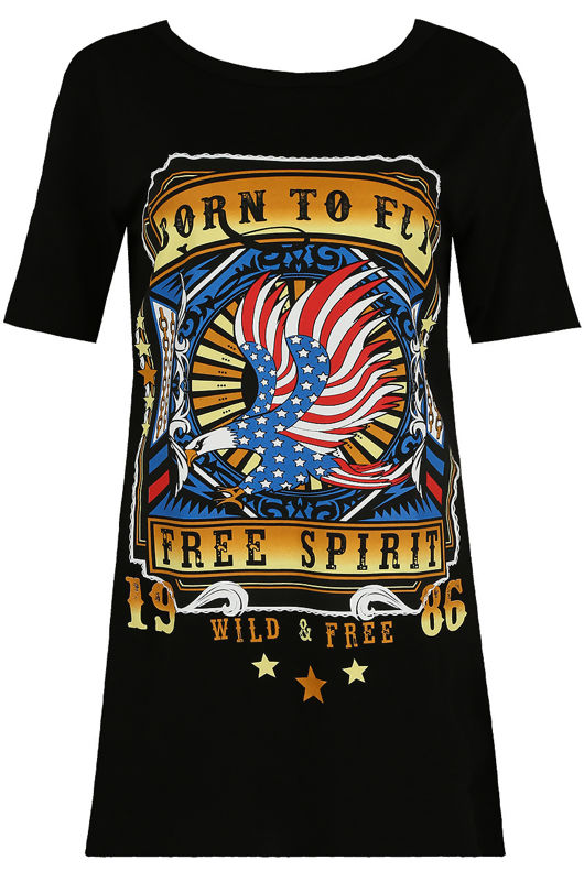 Black Contrast Born To Fly Print Tees