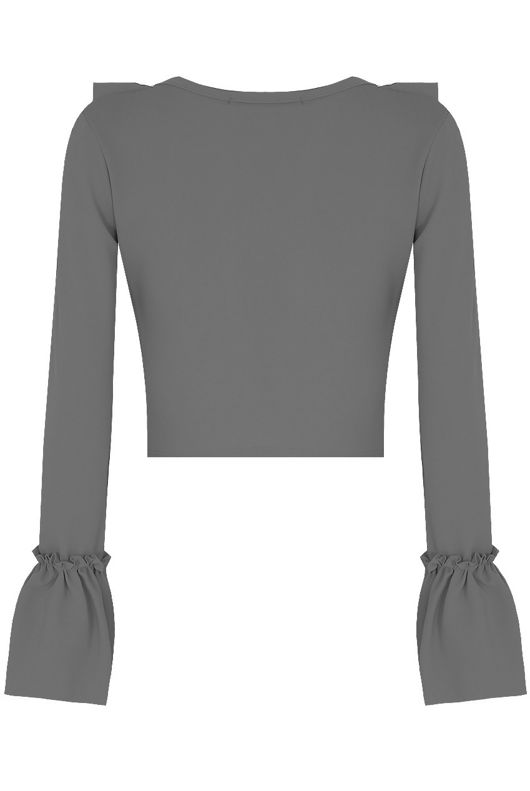 Ruffle Crepe Crop Top With Lace Up Front In Grey