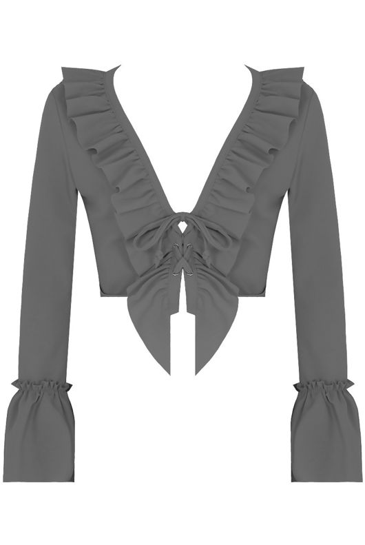 Ruffle Crepe Crop Top With Lace Up Front In Grey