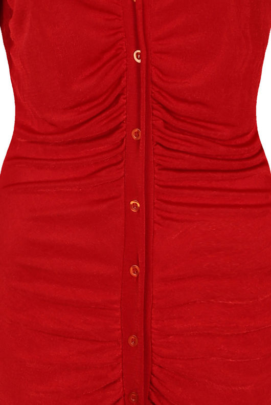 Red Gathered Button Up Shirt Dress