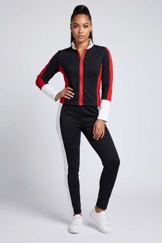 Black Contrast Print Zip Up Jumper & Trouser Active Wear Set
