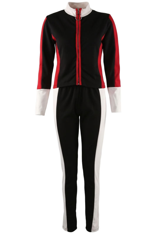 Black Contrast Print Zip Up Jumper & Trouser Active Wear Set