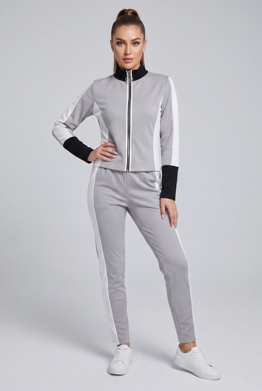 Grey Contrast Print Zip Up Jumper & Trouser Active Wear Set
