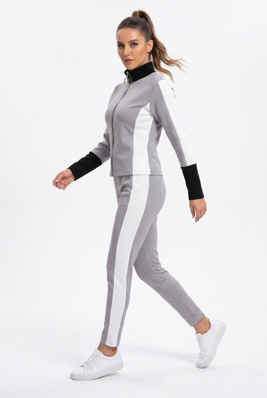 Grey Contrast Print Zip Up Jumper & Trouser Active Wear Set