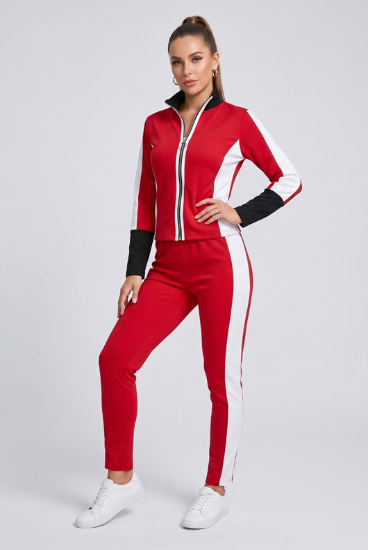 Red Contrast Print Zip Up Jumper & Trouser Active Wear Set