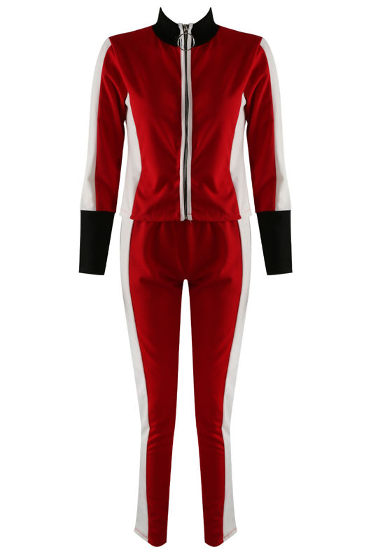 Red Contrast Print Zip Up Jumper & Trouser Active Wear Set