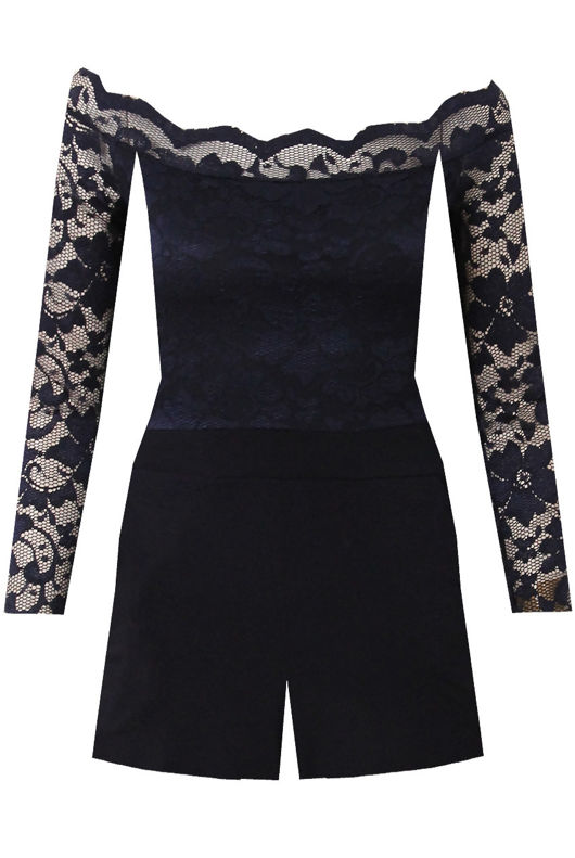 Lace Off The Shoulder Playsuit in Navy