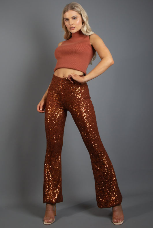 Rust Sequin High Waist Flare Trousers