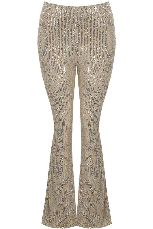 Beige Sequin High Waist Flare Trousers