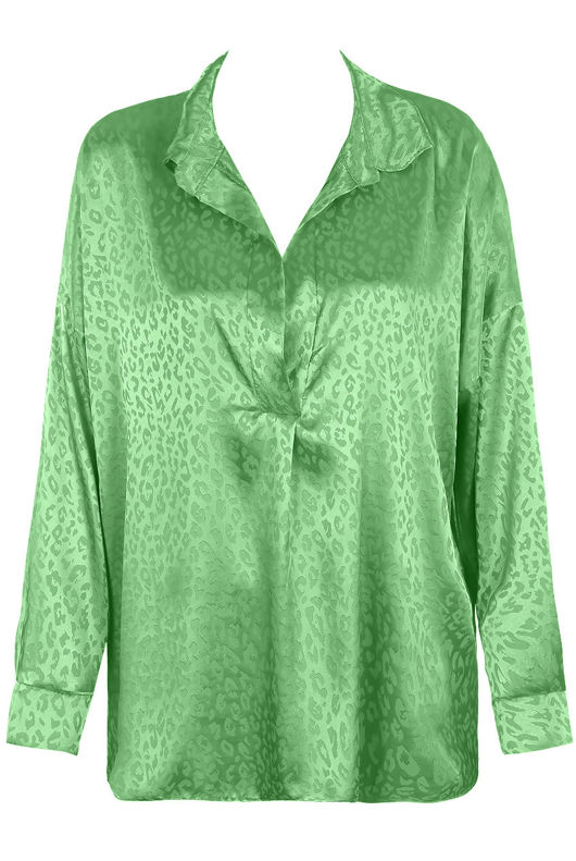 Green Satin Animal Print Embossed Blouse