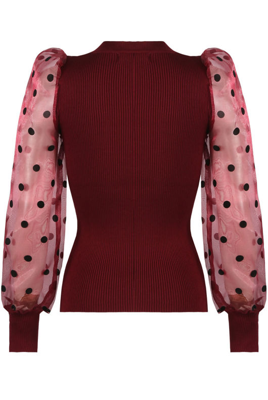 Burgundy Polka Dots Mesh Sleeves Ribbed Jumper