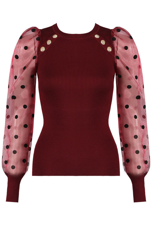 Burgundy Polka Dots Mesh Sleeves Ribbed Jumper