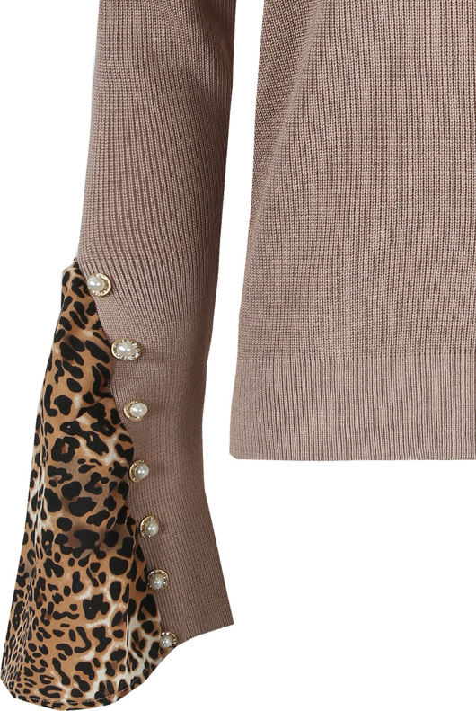 Taupe Pearl With Animal Print Ribbed Jumper