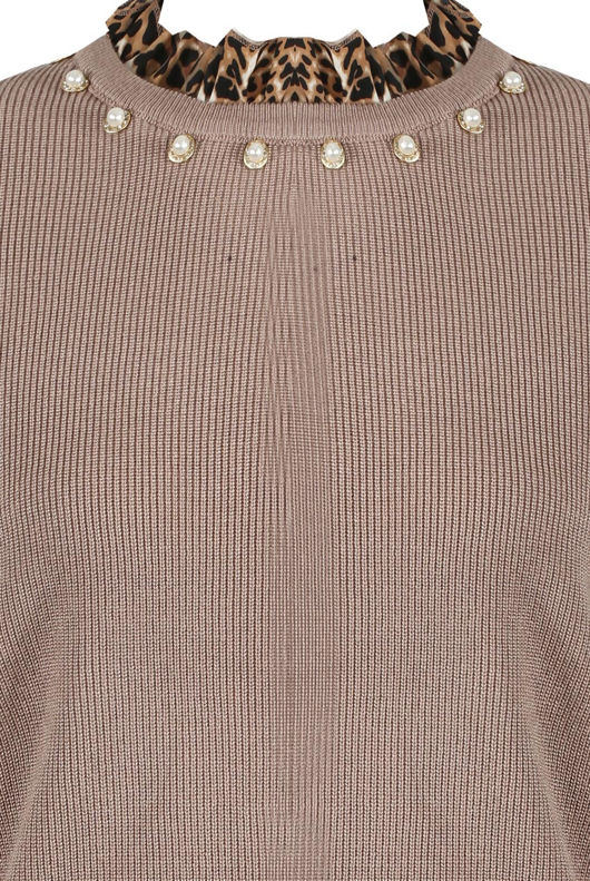 Taupe Pearl With Animal Print Ribbed Jumper
