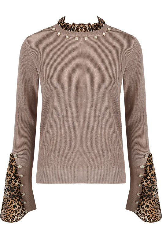 Taupe Pearl With Animal Print Ribbed Jumper