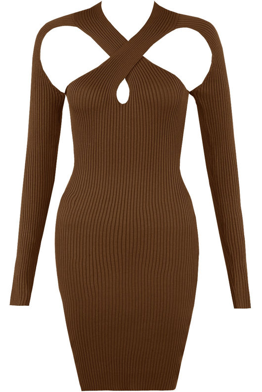 Brown Ribbed Knit Cut Out Mini Dress
