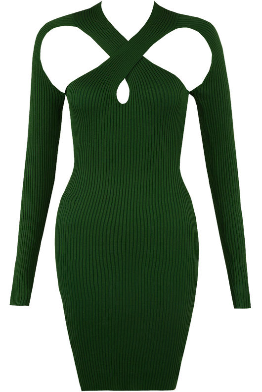 Green Ribbed Knit Cut Out Mini Dress