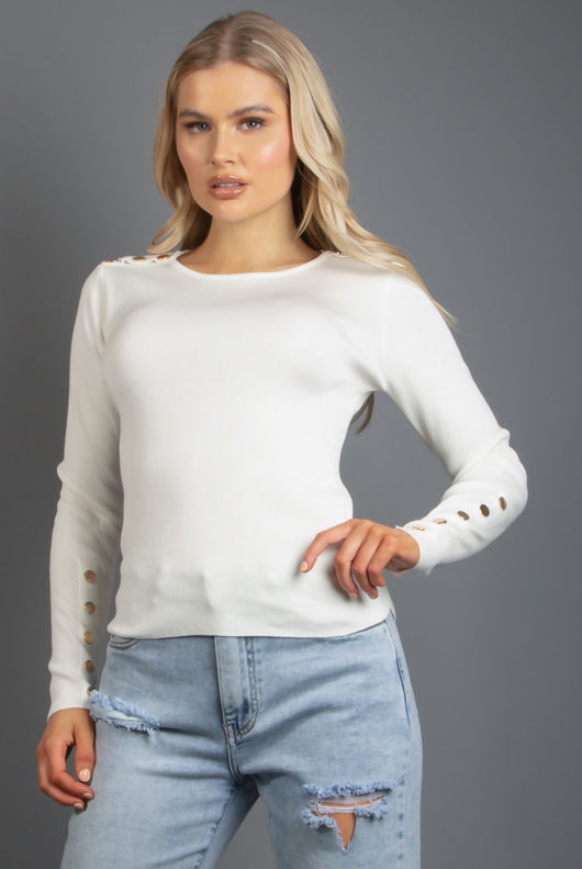 Cream Round Neck Fine Knit Jumper With Button Detail