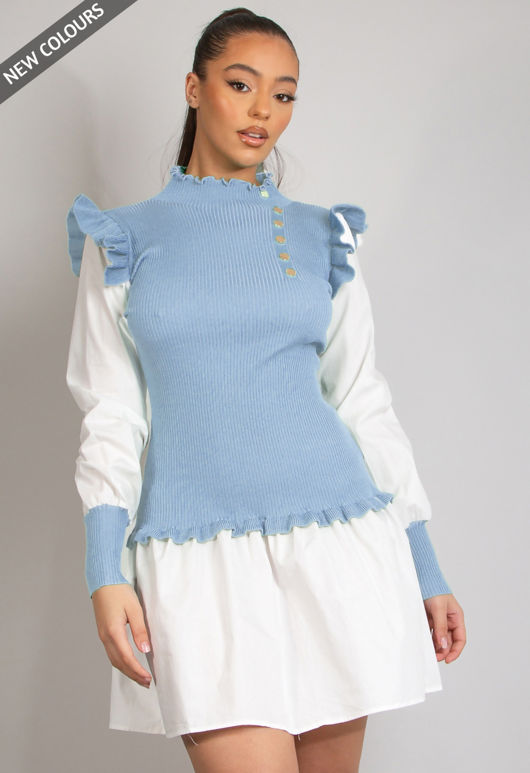Sky Blue Ribbed Jumper Dress With Shirt Hem