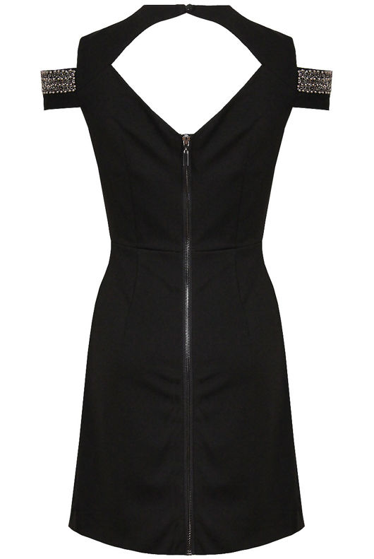 Black Cut Out Shoulder Gem Dress