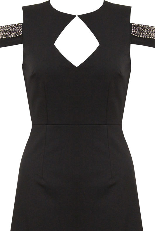 Black Cut Out Shoulder Gem Dress