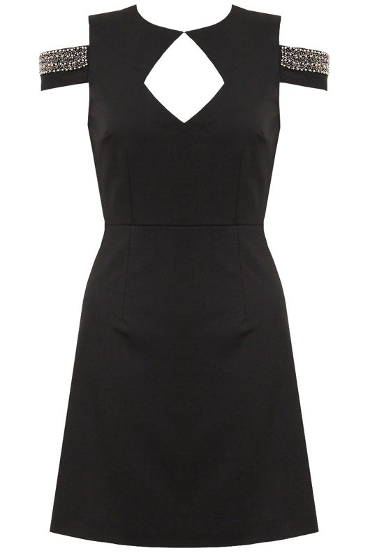 Black Cut Out Shoulder Gem Dress