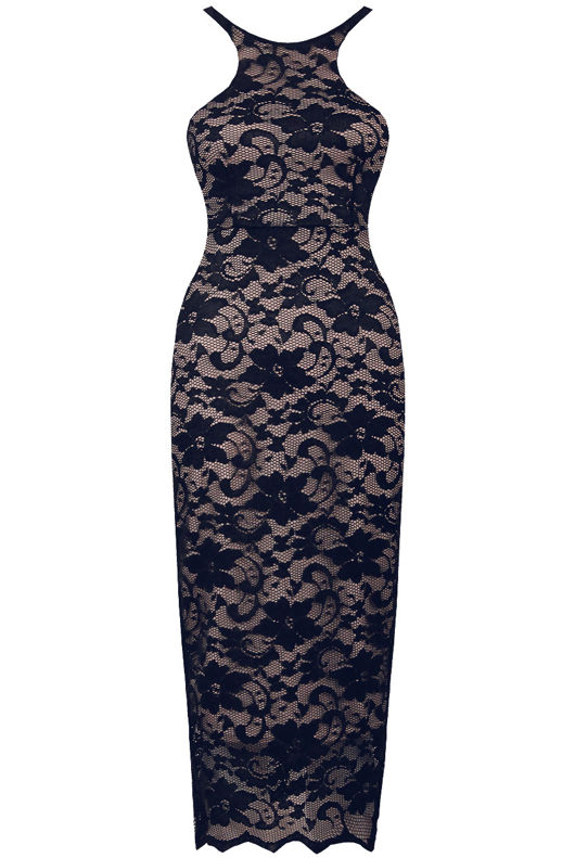Navy Floral Lace & Nude Muscle Back Midi Dress