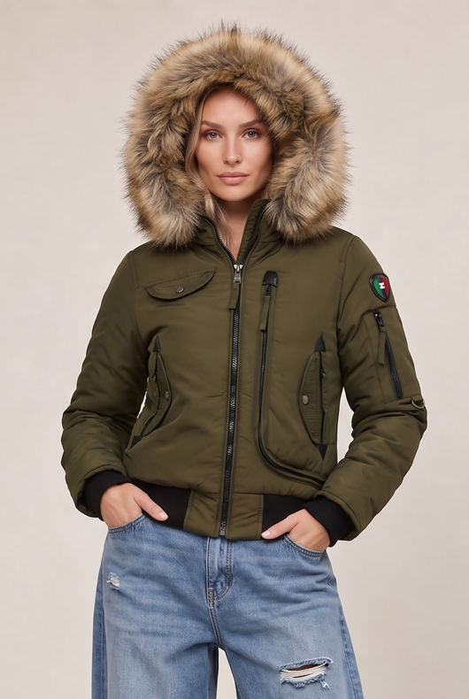 Khaki Faux Fur Hood Parka Jacket