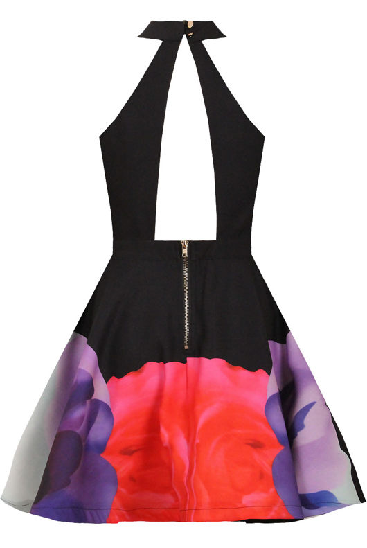 Black Floral Print Cut Out Flared Dress