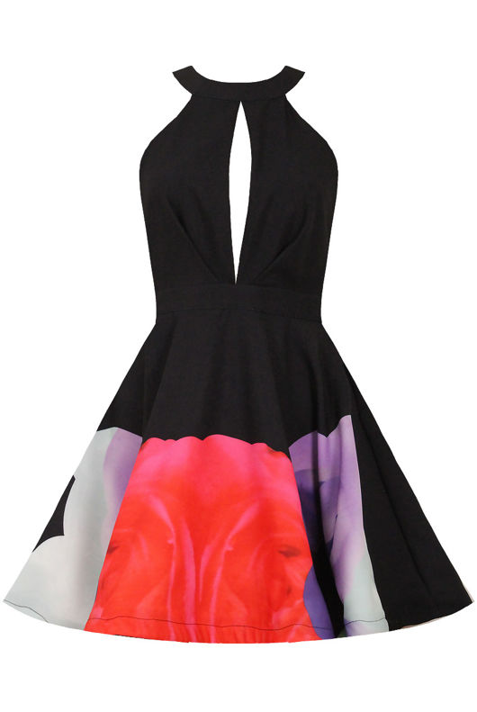 Black Floral Print Cut Out Flared Dress