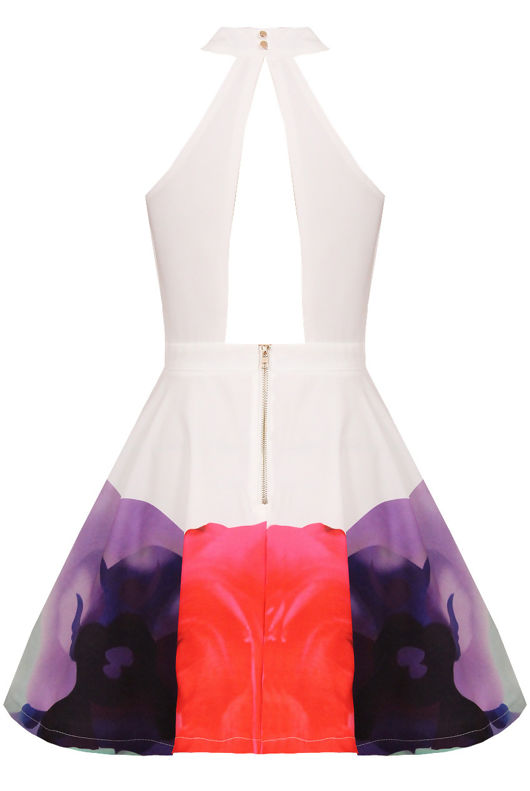 White Floral Print Cut Out Flared Dress