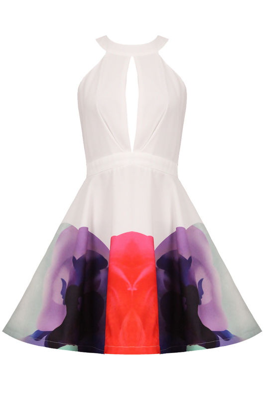 White Floral Print Cut Out Flared Dress