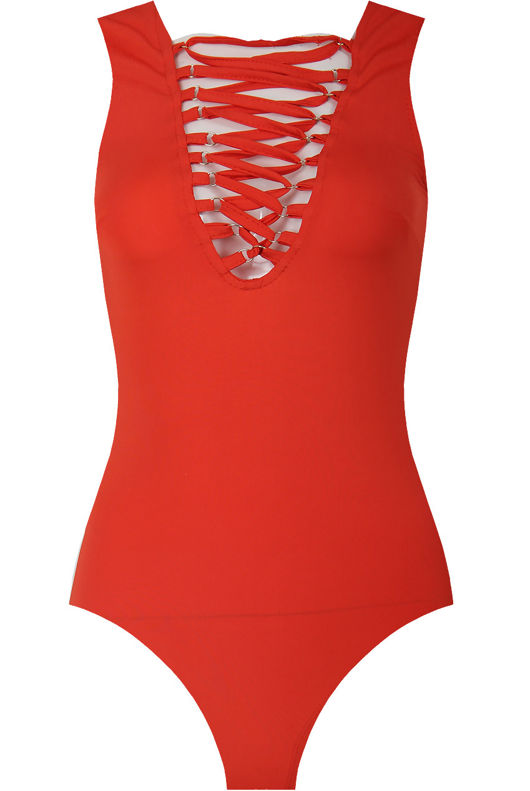 Orange Lace Up Long Sleeve Bodysuit