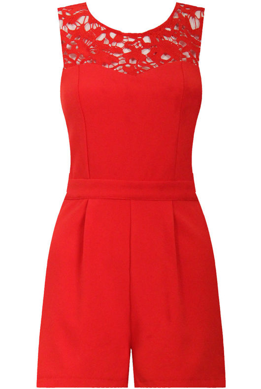 Crochet Insert Playsuit In Red