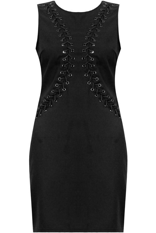 Black Faux Lace Up Detail Bodycon Dress