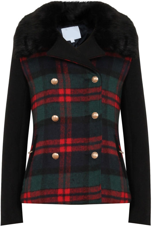 Black Check Double Breast Fur Jacket